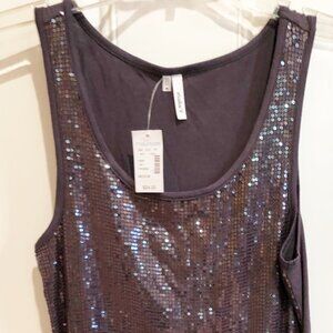 Studio Y Womens Sequined Sparkly Gray Scoop Neck Tank Top Stretchy Sz M - NWT